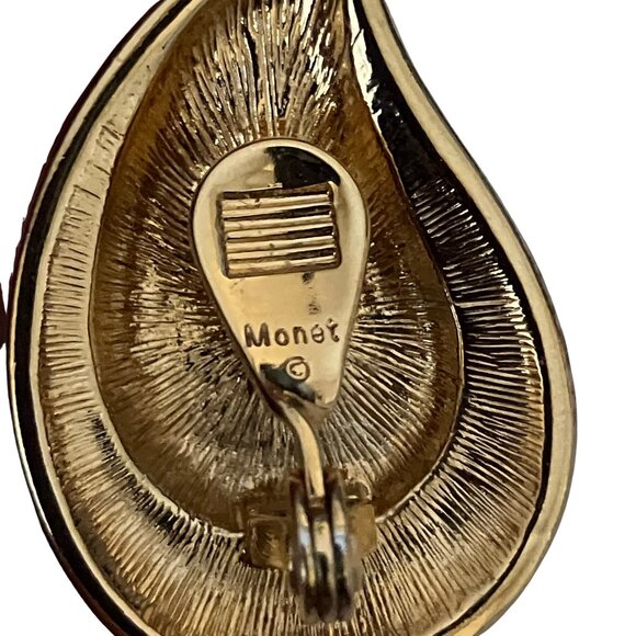 Vintage Signed Monet Enamel White Gold Tone Clip On Teardrop Earrings Retro - Picture 4 of 6